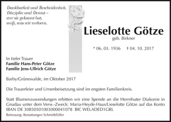 Traueranzeige von Lieselotte Götze (geb. Birkner)  von Magdeburger Volksstimme