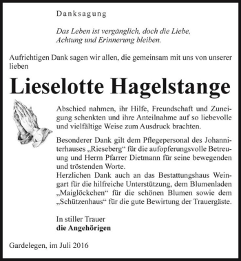 Traueranzeige von Lieselotte Hagelstange  von Magdeburger Volksstimme
