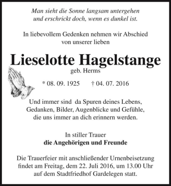 Traueranzeige von Lieselotte Hagelstange (geb. Herms)  von Magdeburger Volksstimme
