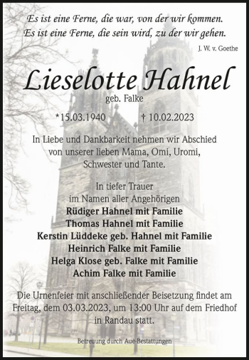 Traueranzeige von Lieselotte Hahnel (geb. Falke)  von Magdeburger Volksstimme