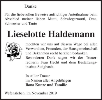 Traueranzeige von Lieselotte Haldemann  von Magdeburger Volksstimme