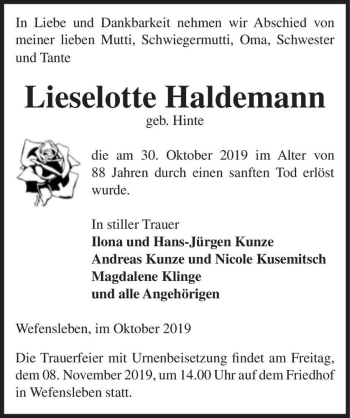 Traueranzeige von Lieselotte Haldemann (geb. Hinte)  von Magdeburger Volksstimme