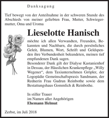 Traueranzeige von Lieselotte Hanisch  von Magdeburger Volksstimme
