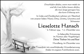 Traueranzeige von Lieselotte Hansch  von Magdeburger Volksstimme