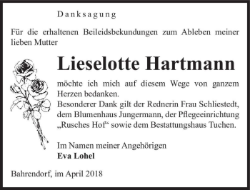 Traueranzeige von Lieselotte Hartmann  von Magdeburger Volksstimme