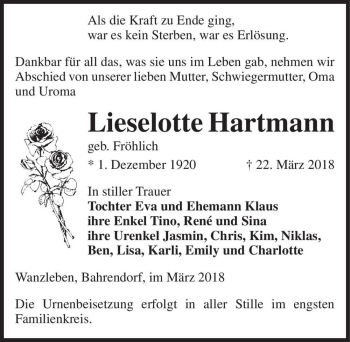 Traueranzeige von Lieselotte Hartmann (geb. Fröhlich)  von Magdeburger Volksstimme