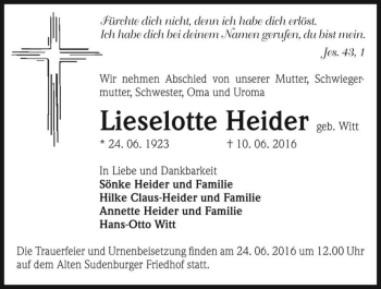 Traueranzeige von Lieselotte Heider (geb. Witt)  von Magdeburger Volksstimme