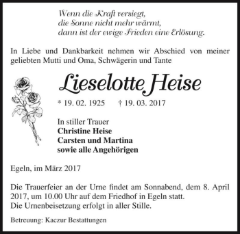 Traueranzeige von Lieselotte Heise  von Magdeburger Volksstimme