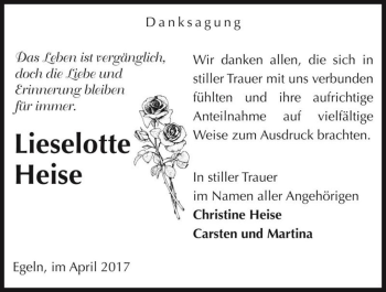 Traueranzeige von Lieselotte Heise  von Magdeburger Volksstimme
