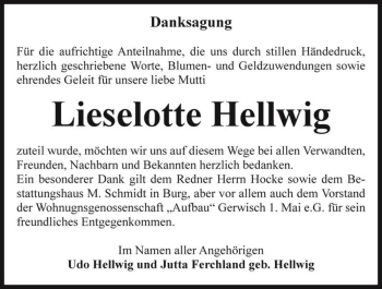 Traueranzeige von Lieselotte Hellwig  von Magdeburger Volksstimme