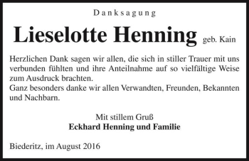 Traueranzeige von Lieselotte Henning (geb. Kain)  von Magdeburger Volksstimme