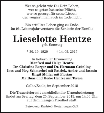 Traueranzeige von Lieselotte Hentze (geb. Sonntag)  von Magdeburger Volksstimme