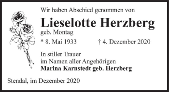 Traueranzeige von Lieselotte Herberg (geb. Montag)  von Magdeburger Volksstimme