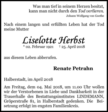 Traueranzeige von Lieselotte Herbst  von Magdeburger Volksstimme