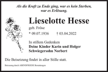 Traueranzeige von Lieselotte Hesse (geb. Fröse)  von Magdeburger Volksstimme