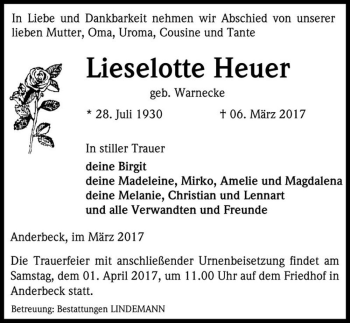 Traueranzeige von Lieselotte Heuer (geb. Warnecke )  von Magdeburger Volksstimme