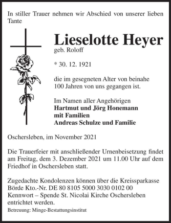 Traueranzeige von Lieselotte Heyer (geb. Roloff)  von Magdeburger Volksstimme