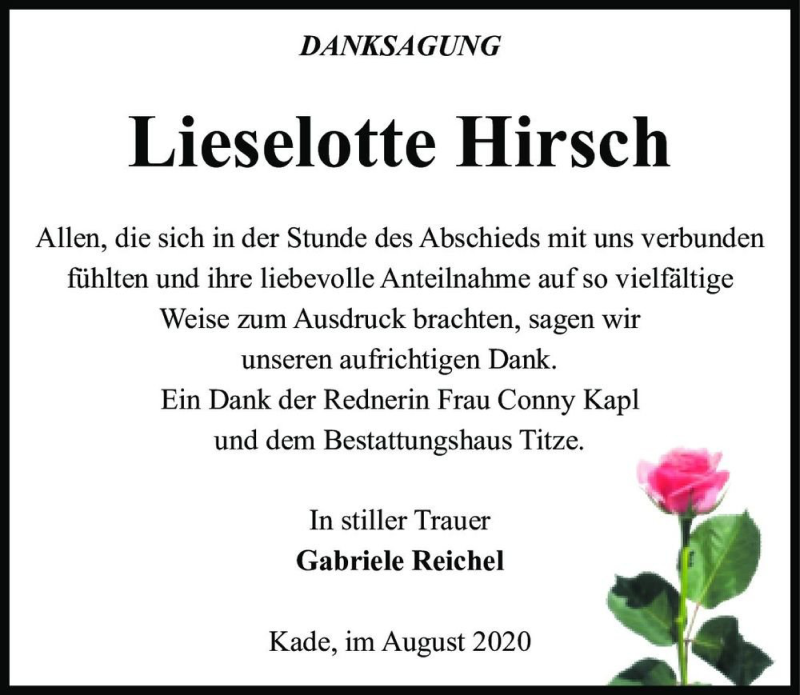  Traueranzeige für Lieselotte Hirsch  vom 08.08.2020 aus Magdeburger Volksstimme