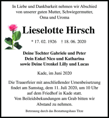 Traueranzeige von Lieselotte Hirsch  von Magdeburger Volksstimme