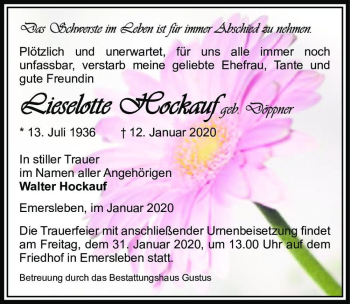 Traueranzeige von Lieselotte Hockauf (geb. Döppner)  von Magdeburger Volksstimme