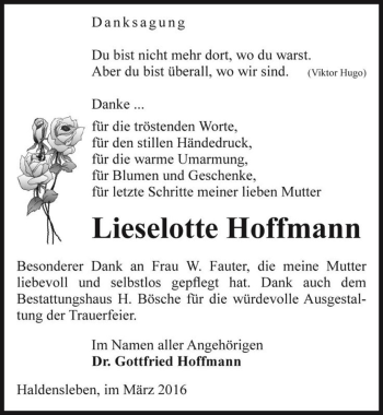 Traueranzeige von Lieselotte Hoffmann  von Magdeburger Volksstimme