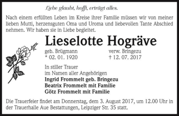 Traueranzeige von Lieselotte Hogräve (geb. Brügmann, verw. Bringezu)  von Magdeburger Volksstimme