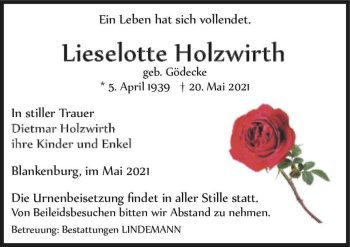 Traueranzeige von Lieselotte Holzwirth (geb. Gödecke)  von Magdeburger Volksstimme