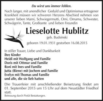 Traueranzeige von Lieselotte Hublitz (geb. Budsinski)  von Magdeburger Volksstimme