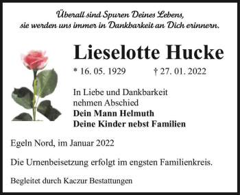 Traueranzeige von Lieselotte Hucke  von Magdeburger Volksstimme