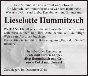 Traueranzeige von Lieselotte Hummitzsch  von Magdeburger Volksstimme