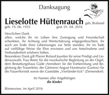 Traueranzeige von Lieselotte Hüttenrauch (geb. Braband)  von Magdeburger Volksstimme