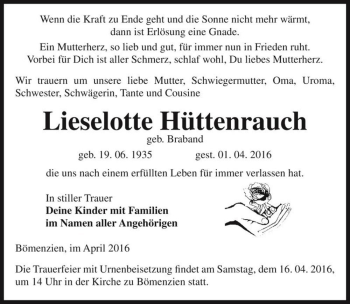 Traueranzeige von Lieselotte Hüttenrauch (geb. Braband)  von Magdeburger Volksstimme