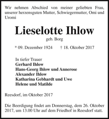 Traueranzeige von Lieselotte Ihlow (geb. Borg)  von Magdeburger Volksstimme