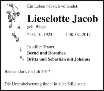 Traueranzeige von Lieselotte Jacob (geb. Bätge)  von Magdeburger Volksstimme