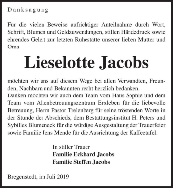 Traueranzeige von Lieselotte Jacobs  von Magdeburger Volksstimme