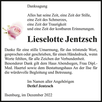 Traueranzeige von Lieselotte Jentzsch  von Magdeburger Volksstimme