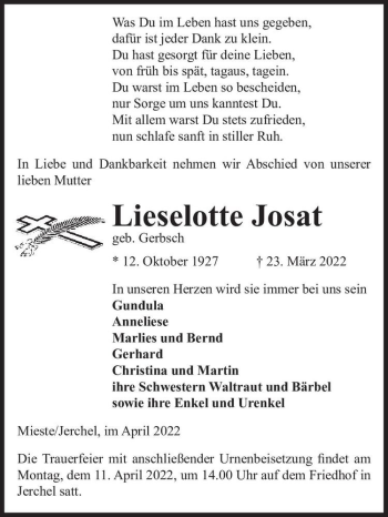 Traueranzeige von Lieselotte Josat (geb. Gerbsch)  von Magdeburger Volksstimme