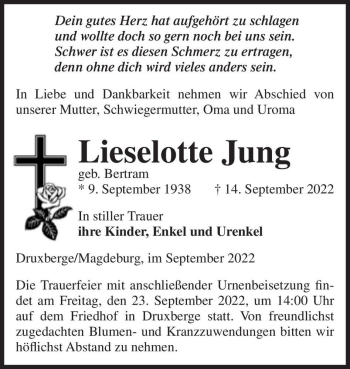 Traueranzeige von Lieselotte Jung (geb. Bertram)  von Magdeburger Volksstimme