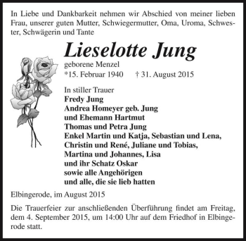 Traueranzeige von Lieselotte Jung (geb. Menzel)  von Magdeburger Volksstimme