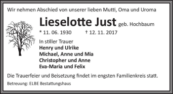 Traueranzeige von Lieselotte Just (geb. Hochbaum)  von Magdeburger Volksstimme