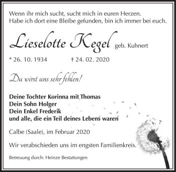 Traueranzeige von Lieselotte Kegel (geb. Kuhnert)  von Magdeburger Volksstimme