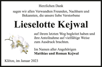 Traueranzeige von Lieselotte Kejwal  von Magdeburger Volksstimme