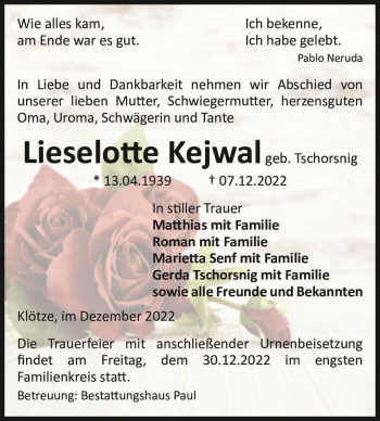 Traueranzeige von Lieselotte Kejwal (geb. Tschorsnig)  von Magdeburger Volksstimme