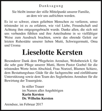 Traueranzeige von Lieselotte Kersten  von Magdeburger Volksstimme