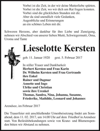 Traueranzeige von Lieselotte Kersten  von Magdeburger Volksstimme