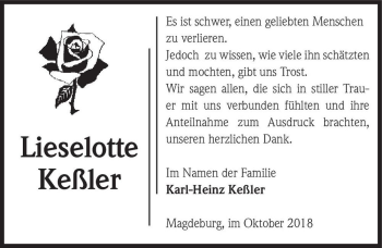 Traueranzeige von Lieselotte Keßler  von Magdeburger Volksstimme