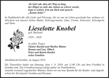 Traueranzeige von Lieselotte Knobel (geb. Bielinski)  von Magdeburger Volksstimme