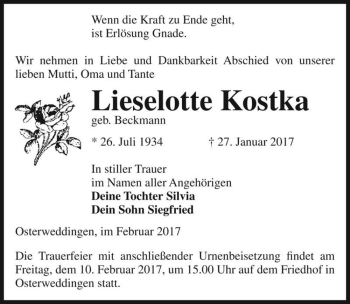 Traueranzeige von Lieselotte Kostka (geb. Beckmann)  von Magdeburger Volksstimme