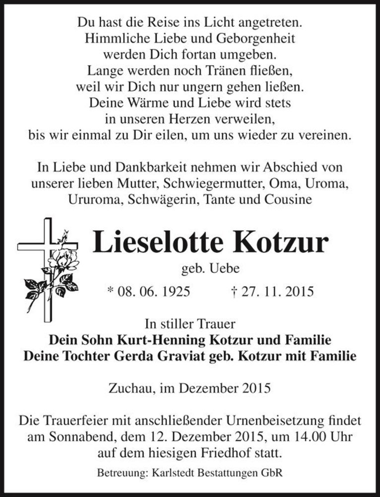  Traueranzeige für Lieselotte Kotzur (geb. Uebe)  vom 05.12.2015 aus Magdeburger Volksstimme