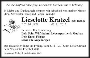 Traueranzeige von Lieselotte Kratzel (geb. Bethge)  von Magdeburger Volksstimme